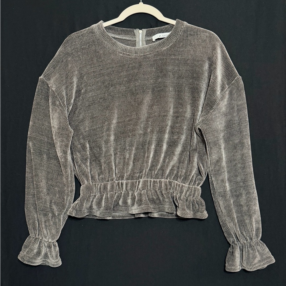 E.ssue Gray Ruffled knit sweater paper bag elastic waist cropped bubble Sleeve
